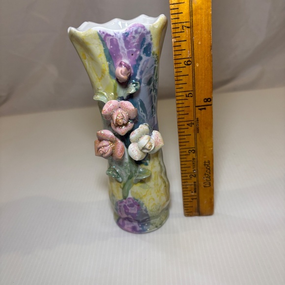Vintage Tie-Dye Pastel Vase W/Applied Flowers Metallic Luster Look Glitter 7 in - Picture 12 of 12